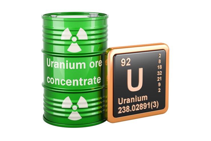PSD barriles verdes llenos de mineral de uranio con el ícono del elemento químico uranio u renderizado en 3d aislado
