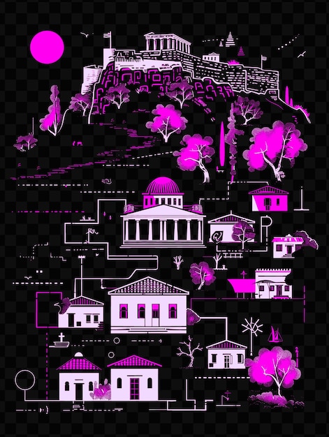 El barrio de plaka de atenas con la escena histórica de la calle antiguo psd camiseta vectorial tatuaje tinta paisaje arte