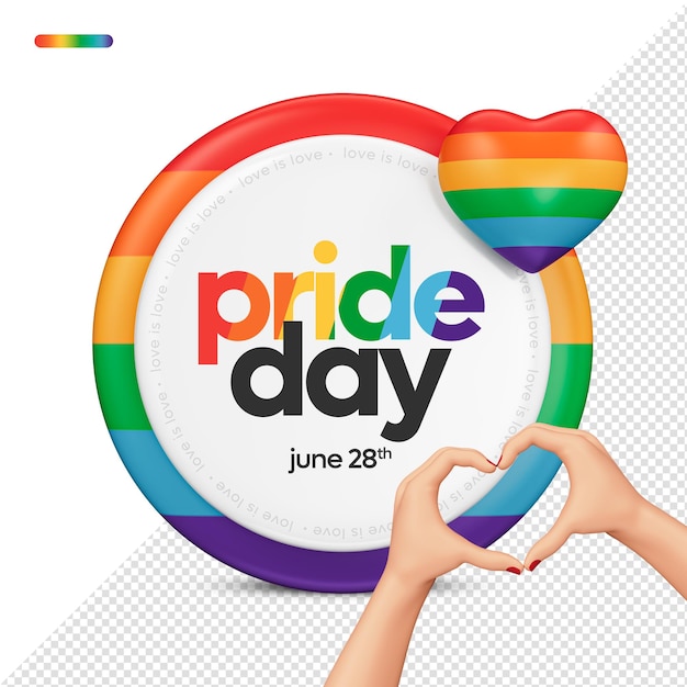 Base de bandera de orgullo lgbt de representación 3d con texto de feliz día del orgullo y manos de corazón