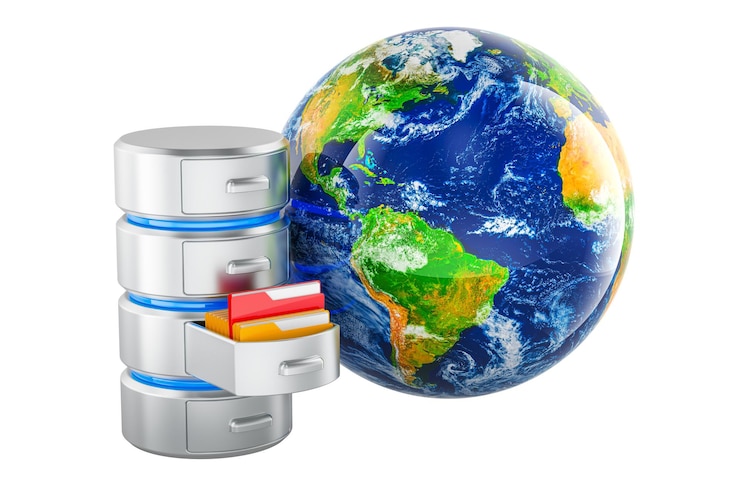 PSD base de datos con el concepto de comunicación global de earth globe renderizado en 3d aislado sobre un fondo transparente