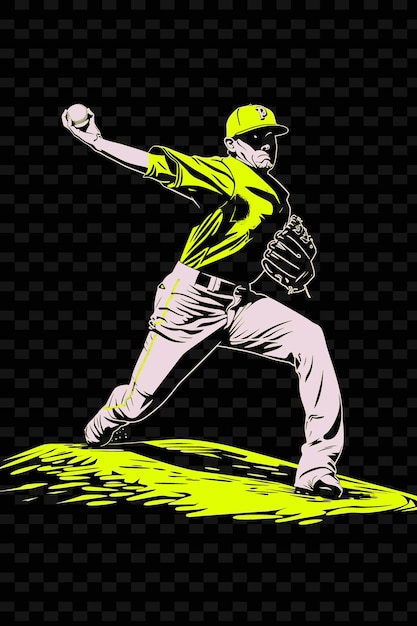 Baseballspieler, der mit dem wind einen pitch wirft, posiert mit serio-illustration flat 2d sport-hintergrund