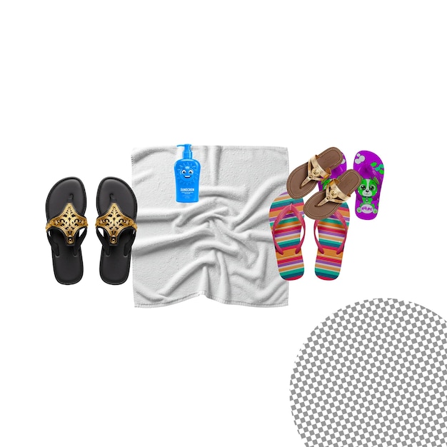 Básicos para la playa FlipFlops Toalla y protector solar