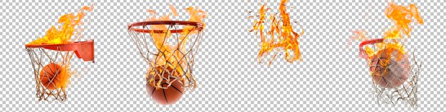 PSD un basket-ball en flammes qui passe à travers le filet isolé sur un fond transparent