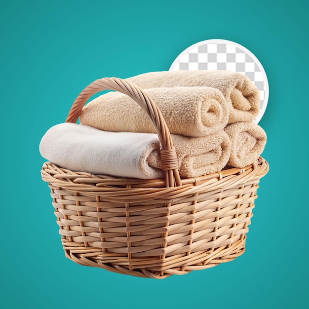 PSD basket of clean towels on a wooden table isolated on transparent background