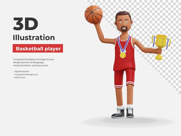 Basketball-profispieler-champion mit goldtrophäe, 3d-cartoon-illustration