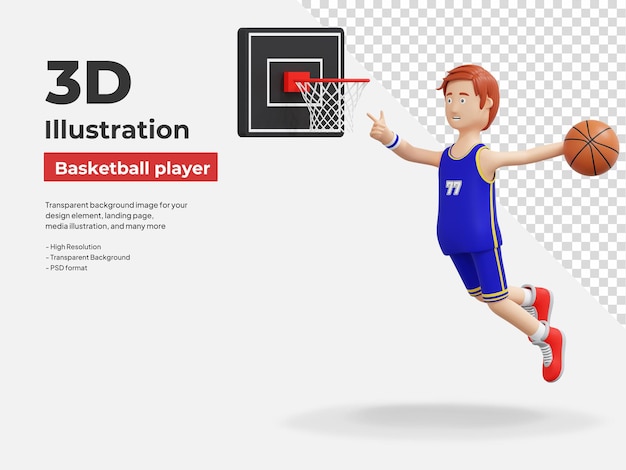 Basketballspieler springt Slam Dunk, um einen Punktestand zu erzielen. 3D-Cartoon-Illustration