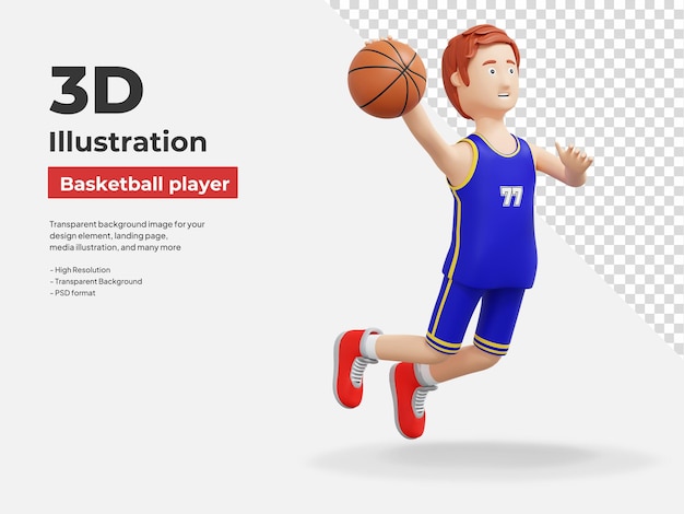 Basketballspieler springt und erzielt eine 3d-cartoon-illustration