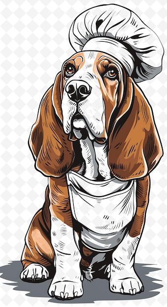PSD basset hound dog com um chapéu de chef e avental parecendo delicioso animais sketch art vector collections