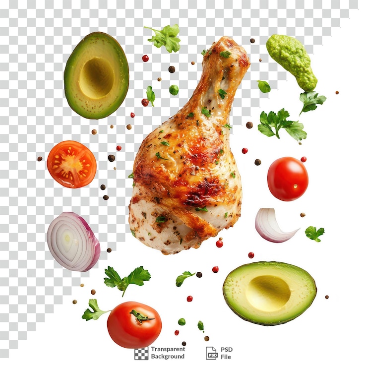 PSD un bastón de pollo suspendido en el aire rodeado de ingredientes de fondo transparente