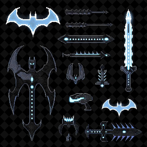 PSD batarang pixel weapon avec le design de batman et le symbole de la chauve-souris et les collections d'art au néon de forme y2k