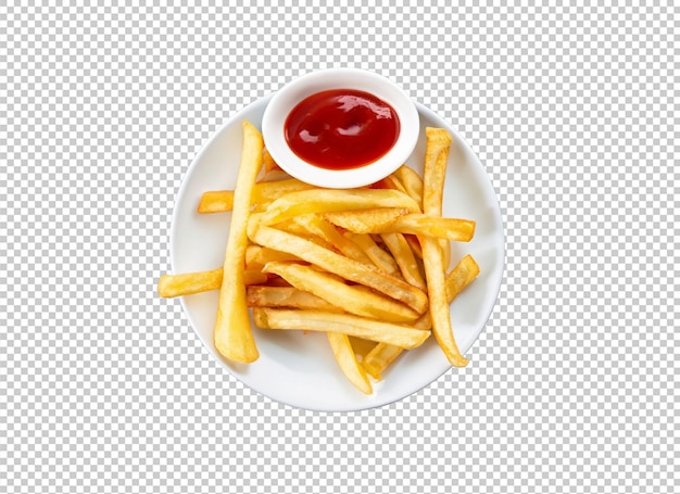 Batata frita com ketchup em prato branco na camada alfa