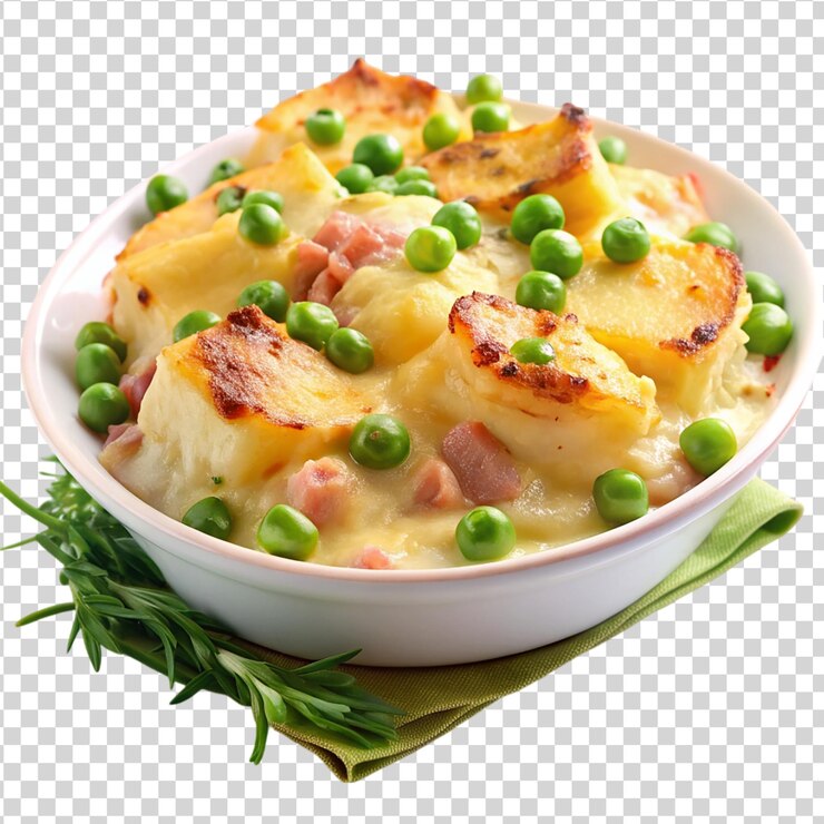 PSD batatas grelhadas com presunto em cubos e ervilhas verdes isoladas em fundo branco