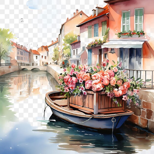 PSD un bateau avec des fleurs est amarré à côté d'un canal