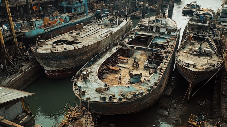 PSD des bateaux abandonnés dans un chantier naval pour réparation