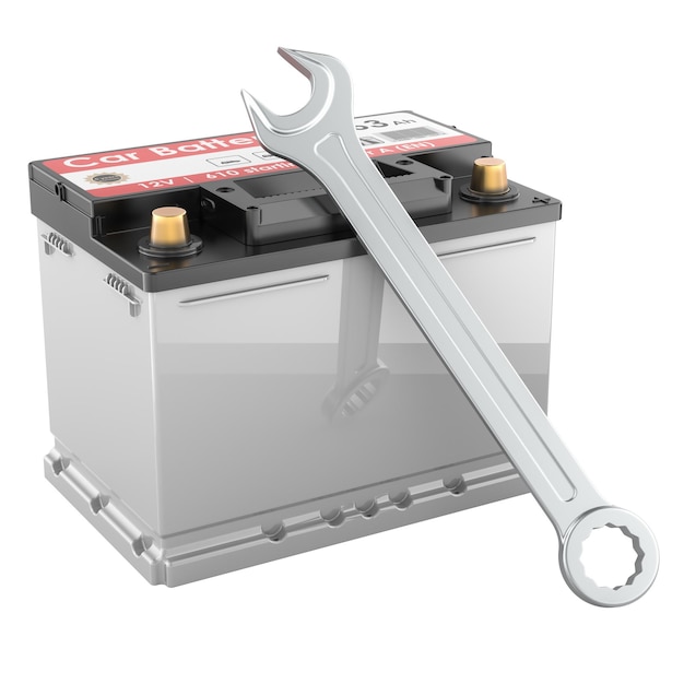 Batería de coche con llave inglesa, reparación y servicio técnico de batería de coche, renderizado 3D aislado sobre fondo transparente