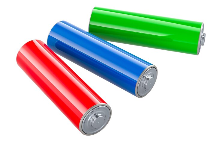 PSD las baterías de tamaño aa de diferentes colores de representación 3d aislados en un fondo transparente