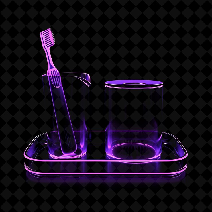 PSD bathroom set with toothbrush holder and soap dish made with neon object on dark background