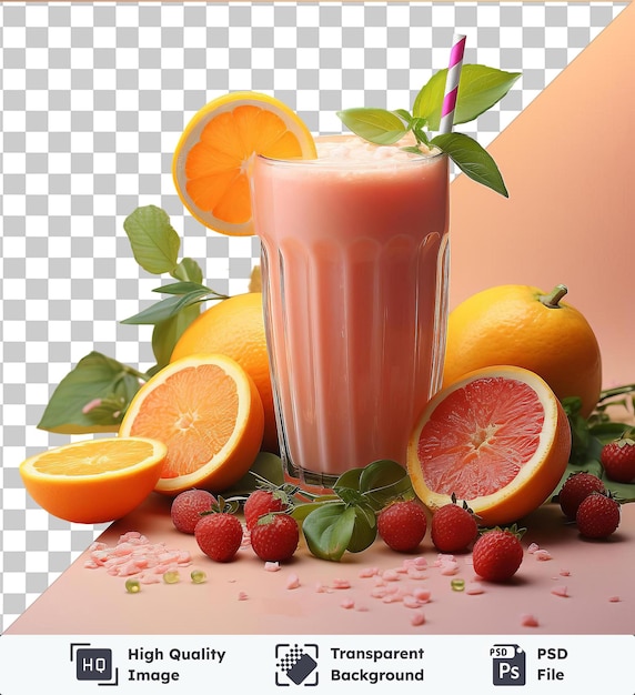 Batido de fruta de objeto transparente con naranjas fresas y hoja verde en fondo rosa