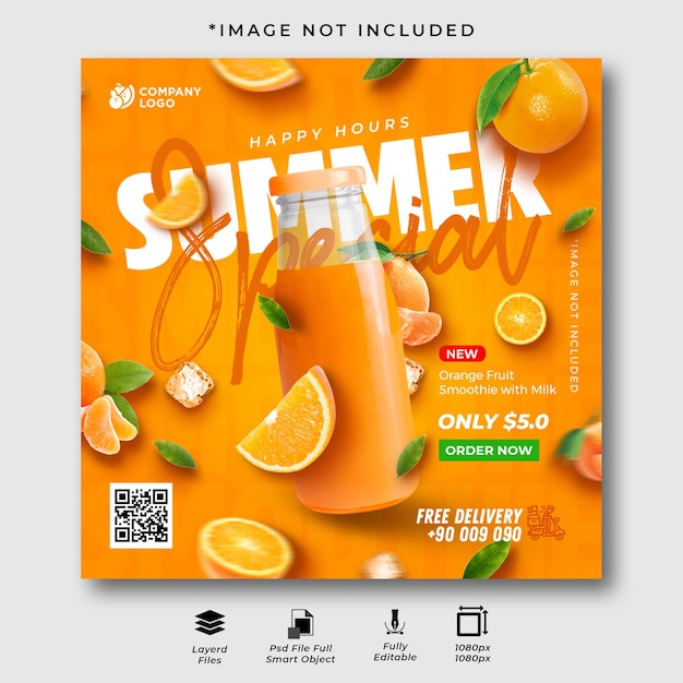 PSD batido de frutas de naranja especial de verano campaña de redes sociales publicación de instagram