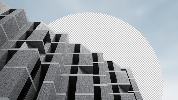 Bâtiment en béton avec conception brutaliste, rendu 3D d'une architecture abstraite avec fond de ciel