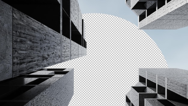 PSD bâtiment en béton avec conception brutaliste, rendu 3d d'une architecture abstraite avec fond de ciel