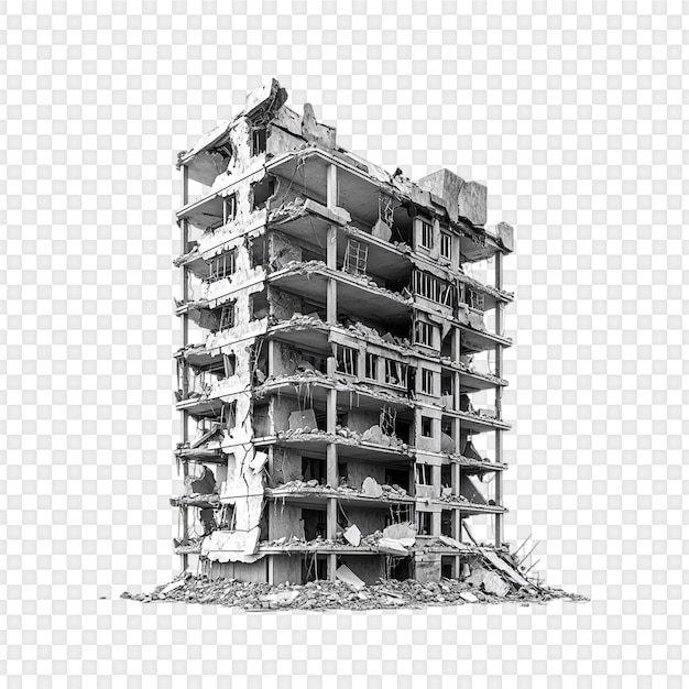 Un bâtiment détruit après une catastrophe isolé sur un fond transparent