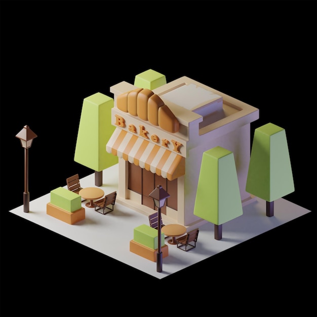 Bâtiment isométrique de boulangerie avec deux tables devant et arbres et lampadaires