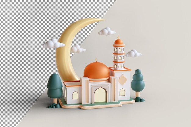 Bâtiment de mosquée de décoration d'affichage islamique avec dôme et croissant d'or