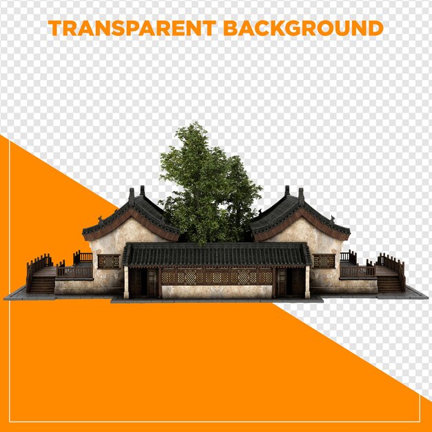 Bâtiment traditionnel chinois avec un arbre avec un fond transparent