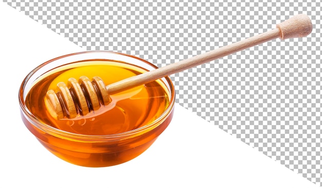 PSD bâton de miel versant une louche de miel avec du sirop de sucre qui coule