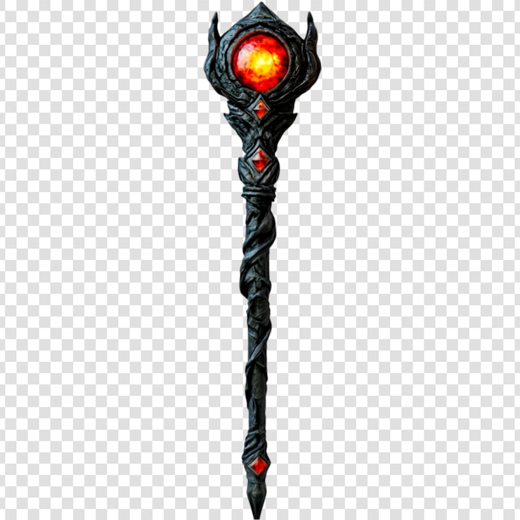 PSD le bâton d'obsidienne sombre, la pierre précieuse rouge, l'artefact magique, l'élément de jeu fantastique.