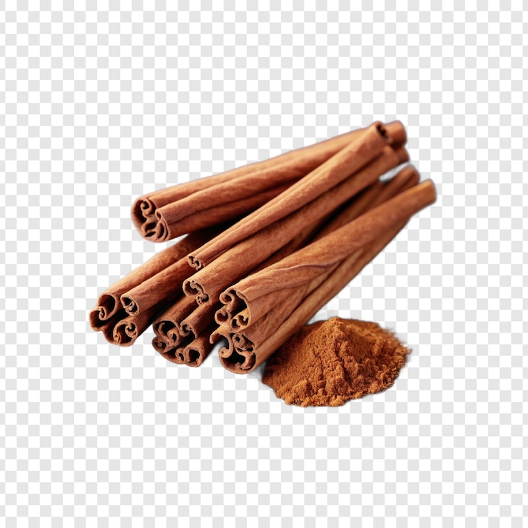 PSD des bâtons de cannelle et de la poudre sur un fond transparent illustration d'épices aromatiques
