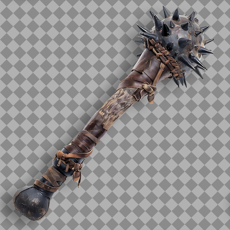 PSD battaglia usato mace di ferro spiccato con schegge di ossidiana e avvolgere png asset del gioco su uno sfondo pulito