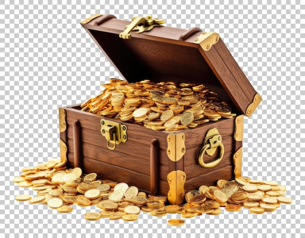 PSD baú do tesouro cheio de moedas de ouro isoladas em fundo transparente