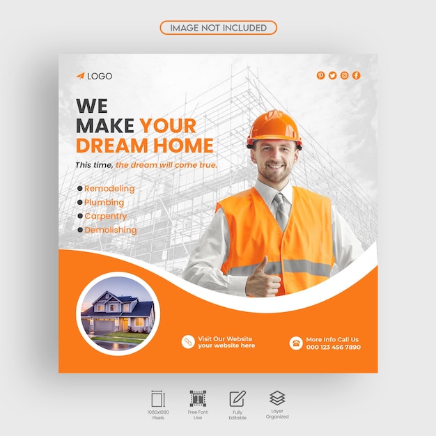 Bau- und hausrenovierungs-immobiliendienstleistungen social-media-web-banner-design premium psd