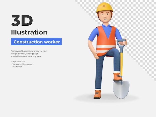 Bauarbeiter hält eine schaufel 3d-cartoonfigur illustration