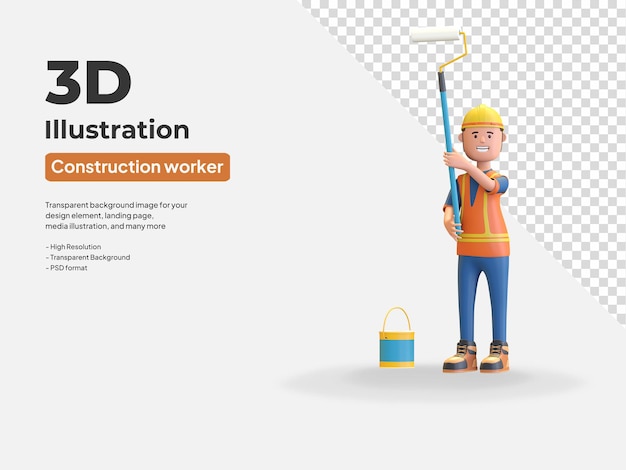 Bauarbeiter mit Helm und Weste mit Farbroller und Eimer 3D-Rendering-Illustration