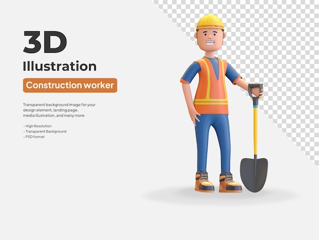 Bauarbeiter mit Schutzhelm und Weste mit Schaufel 3D-Rendering-Illustration
