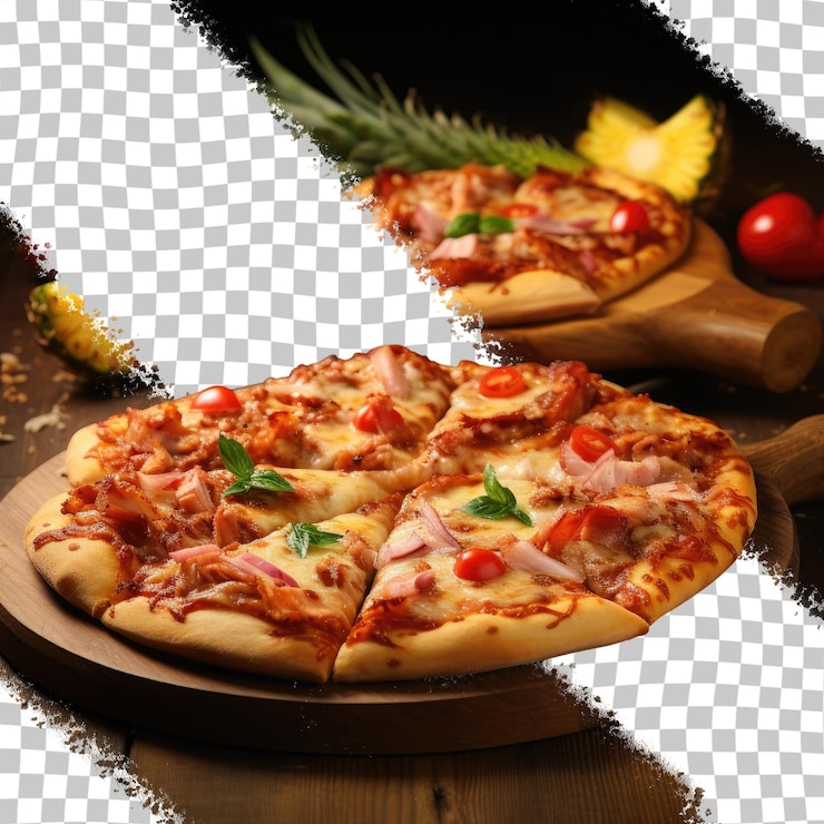 PSD bbq de pollo hawaiano y ajo de tocino y chile pizza italiana en un plato de fondo transparente