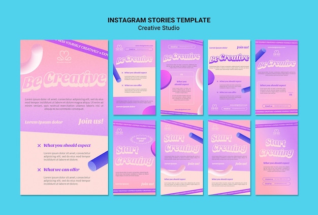 PSD be creative design studio colección de historias de instagram con formas 3d