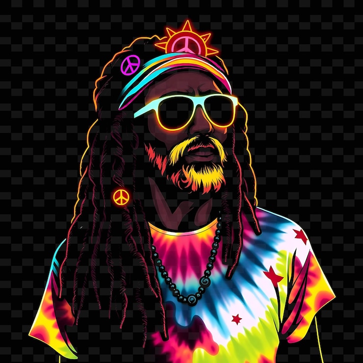 PSD beach bum con dreadlocks neon tie dye diseño artístico con tema de arco iris decorado con señales de paz y