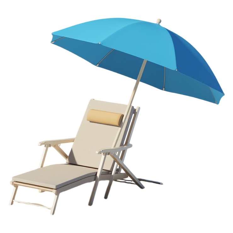 PSD beach chairs with umbrella in realistic 3d render with white background