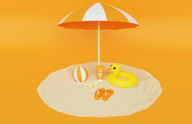 Beach island with umbrella and summer beach attributes Summer vacation concept