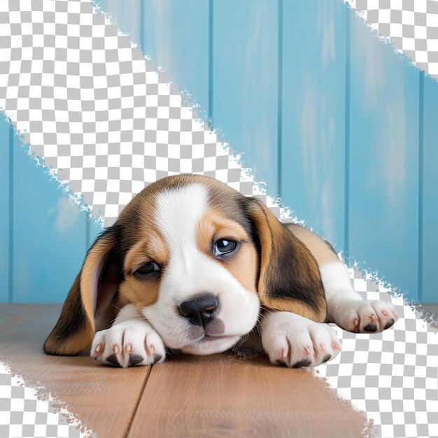 Beagle-welpe auf transparentem hintergrundboden mit orangefarbenem hintergrund