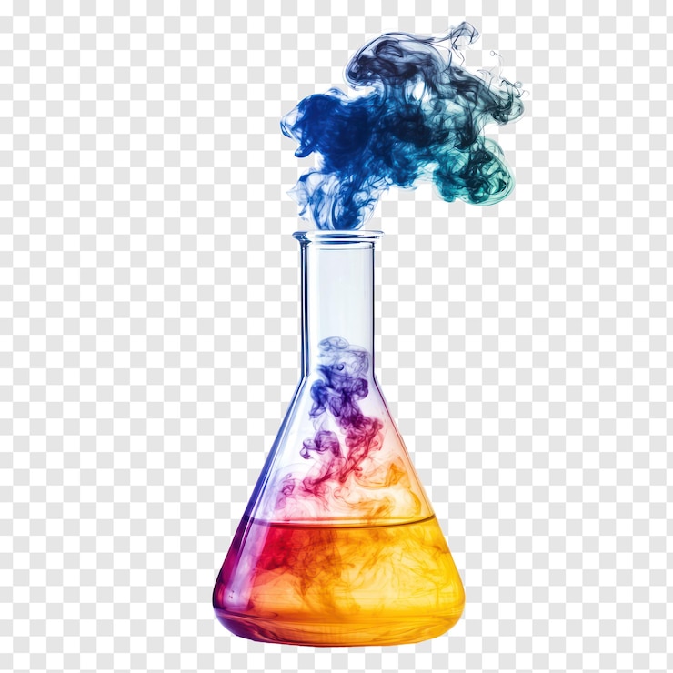 PSD beaker con líquido de color y concepto científico de humo aislado en un fondo transparente
