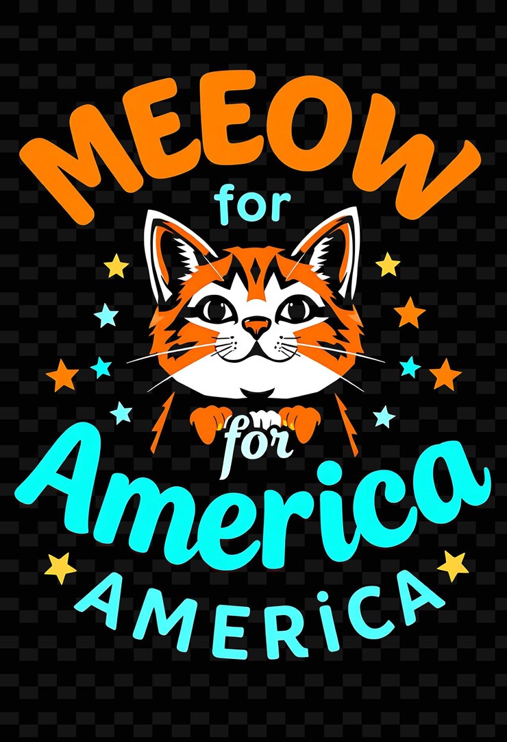 PSD beaming meow for america text in neon tangerine und deep teal mit einer strahlenden katze und einem leuchtenden s
