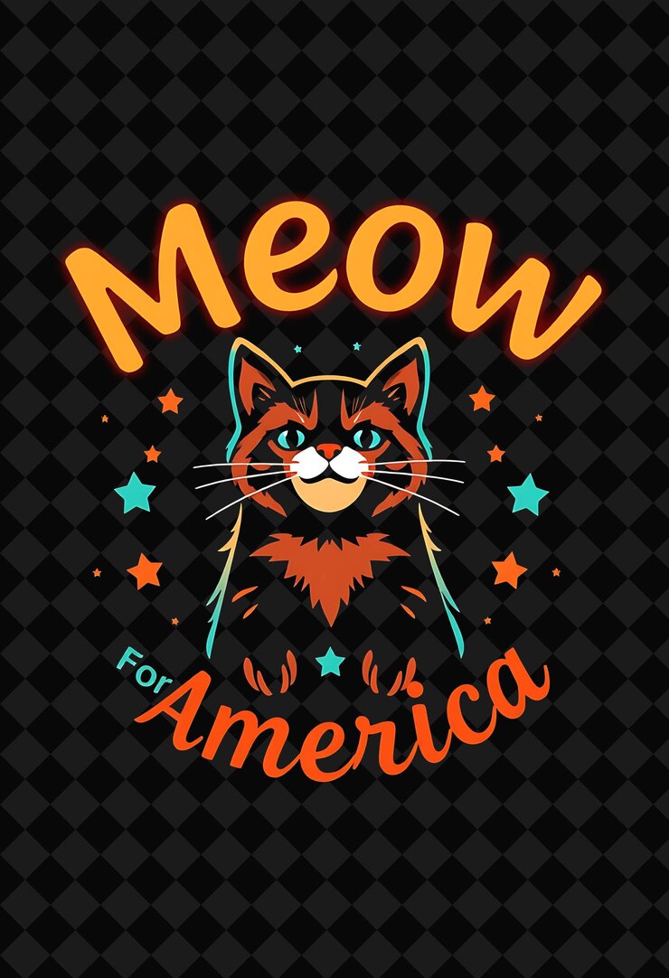 PSD beaming meow for america text in neon tangerine und deep teal zeigt eine strahlende katze und glänzt