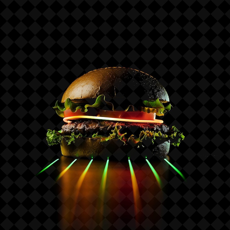 PSD beaming neon rays montana bison burger en una decoración de comida de neón inspirada en el bisonte c png colección y2k