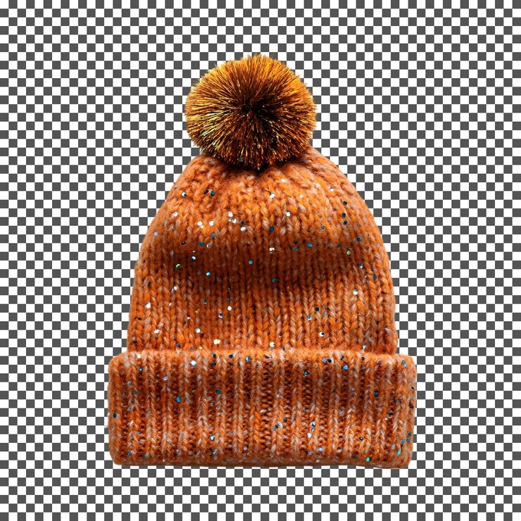 PSD beanie de punto con pom pom naranja aislado sobre un fondo transparente