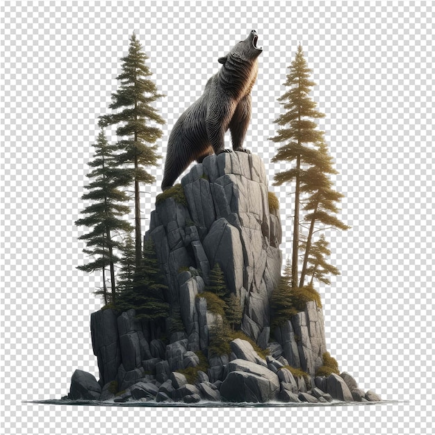 PSD a bear is standing on a rock with trees in the background